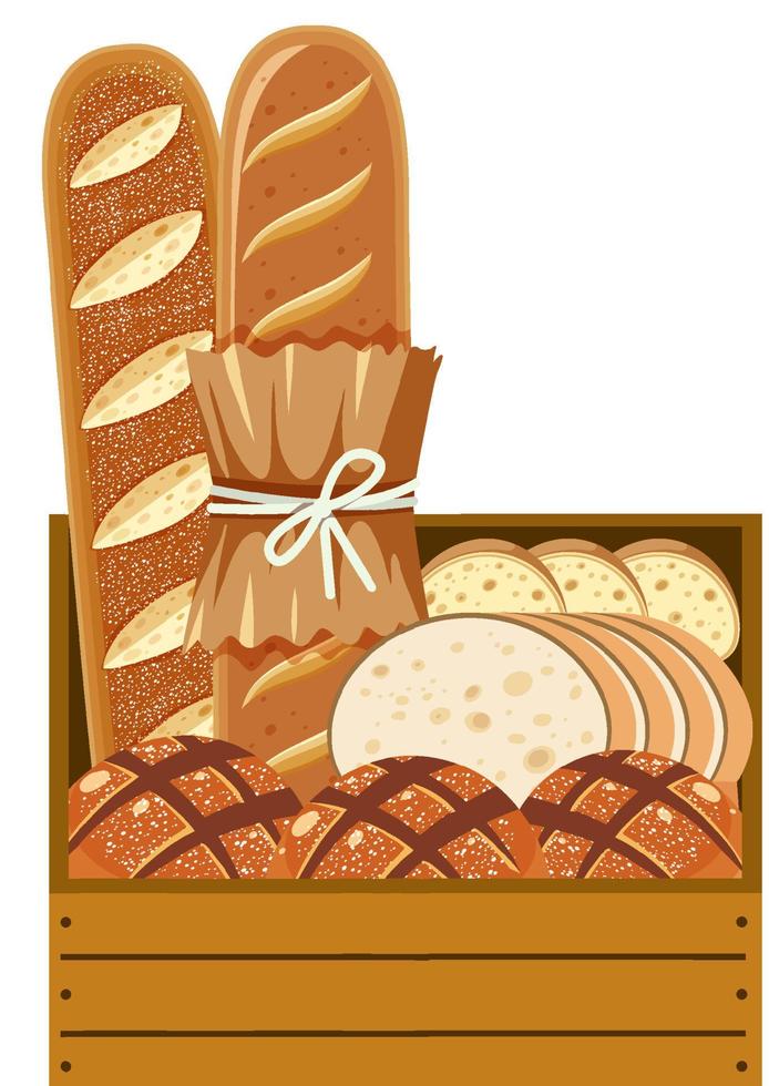 diferentes tipos de panes en caja de madera vector