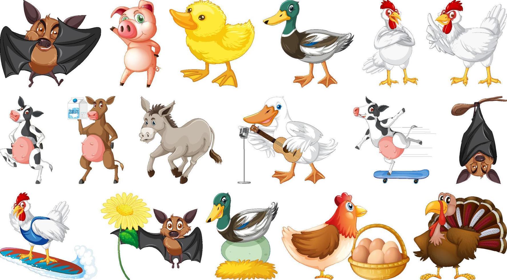 Many farm animals on white background vector