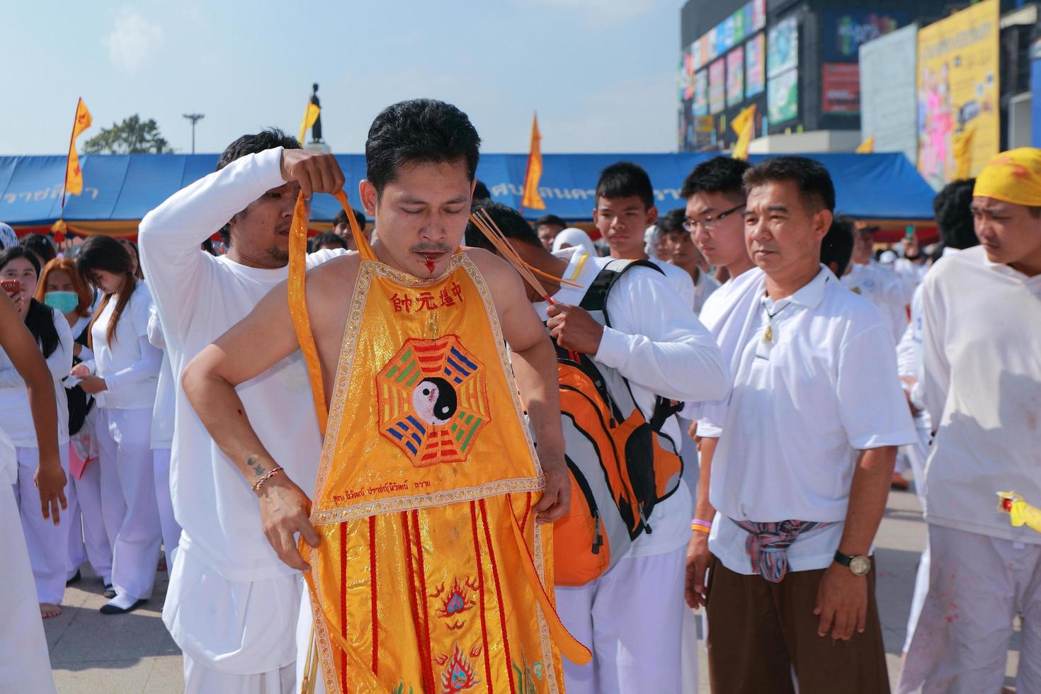 Korat, THAILAND - OCTOBER 27 Unidentified devotee of Vegetarian Festival, person who invites the spirits of gods to possess their bodies on October 16, 2015  in Korat, Thailand photo