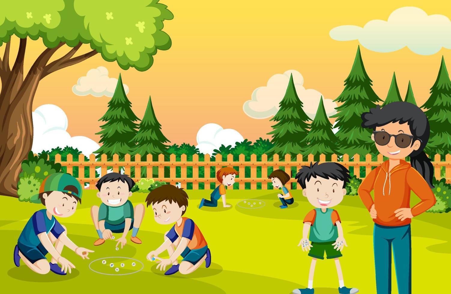 parque al aire libre con niños jugando canicas vector