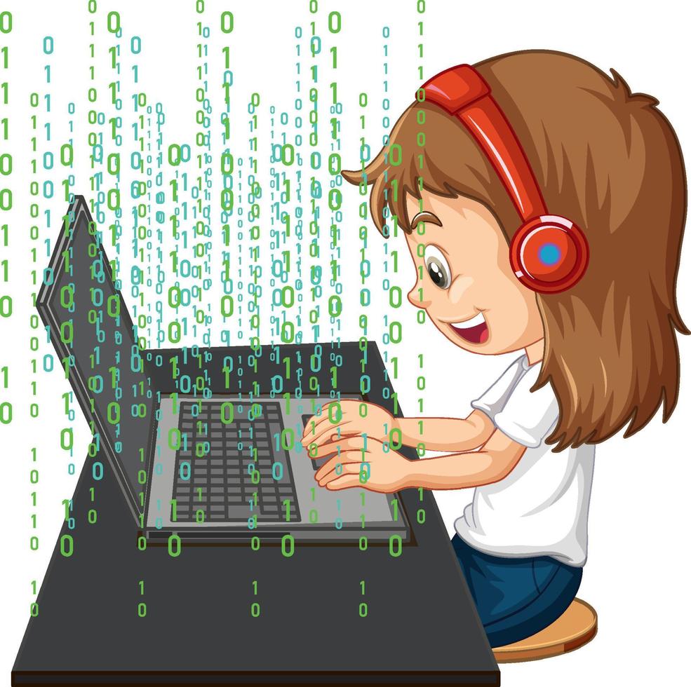 A girl using laptop with binary code vector