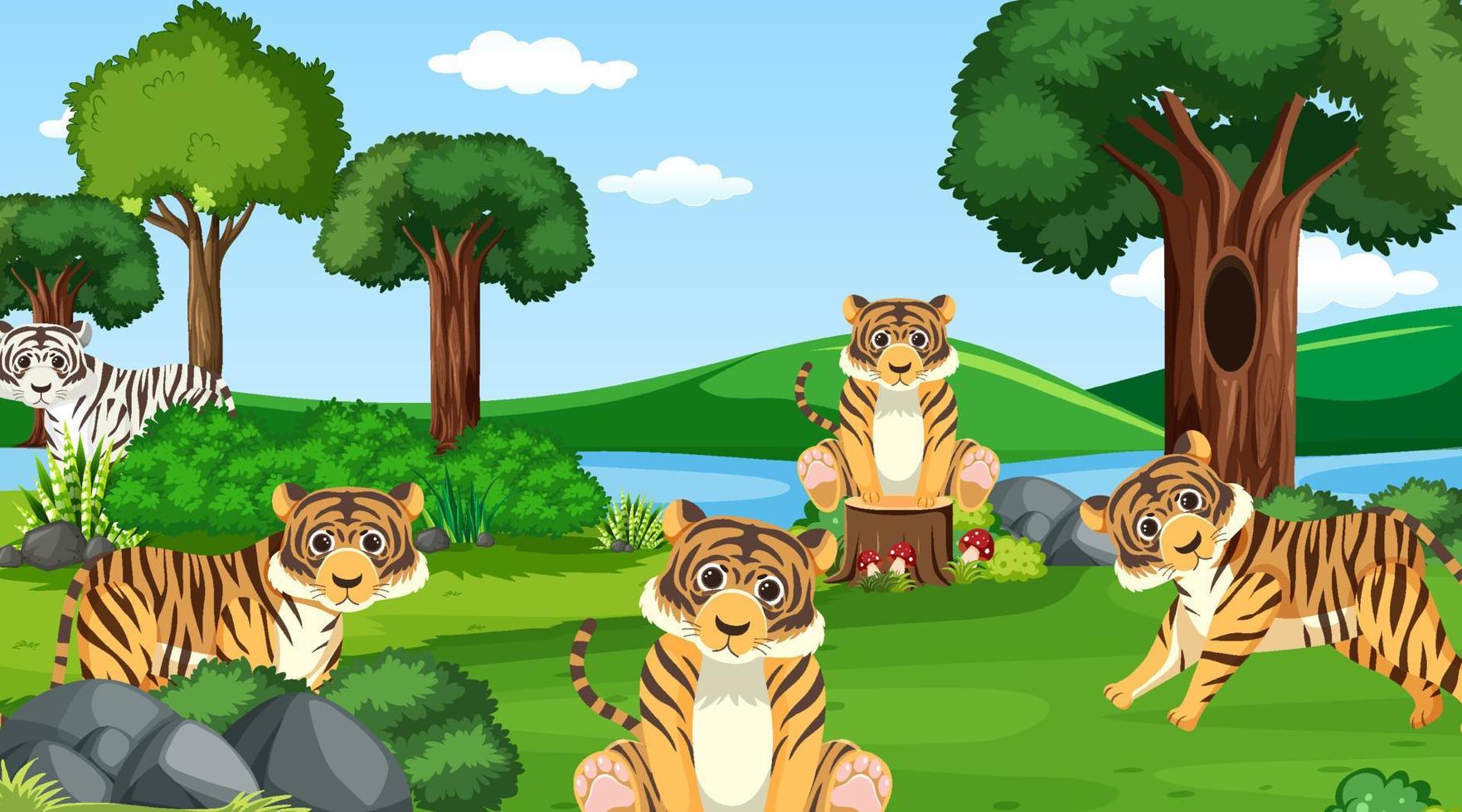 tigres en la escena del bosque vector