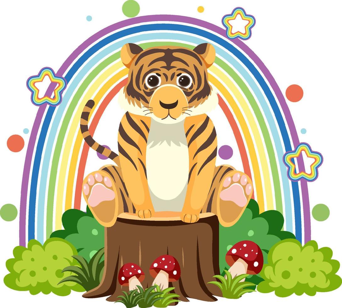 Cute tiger on stump in flat cartoon style vector