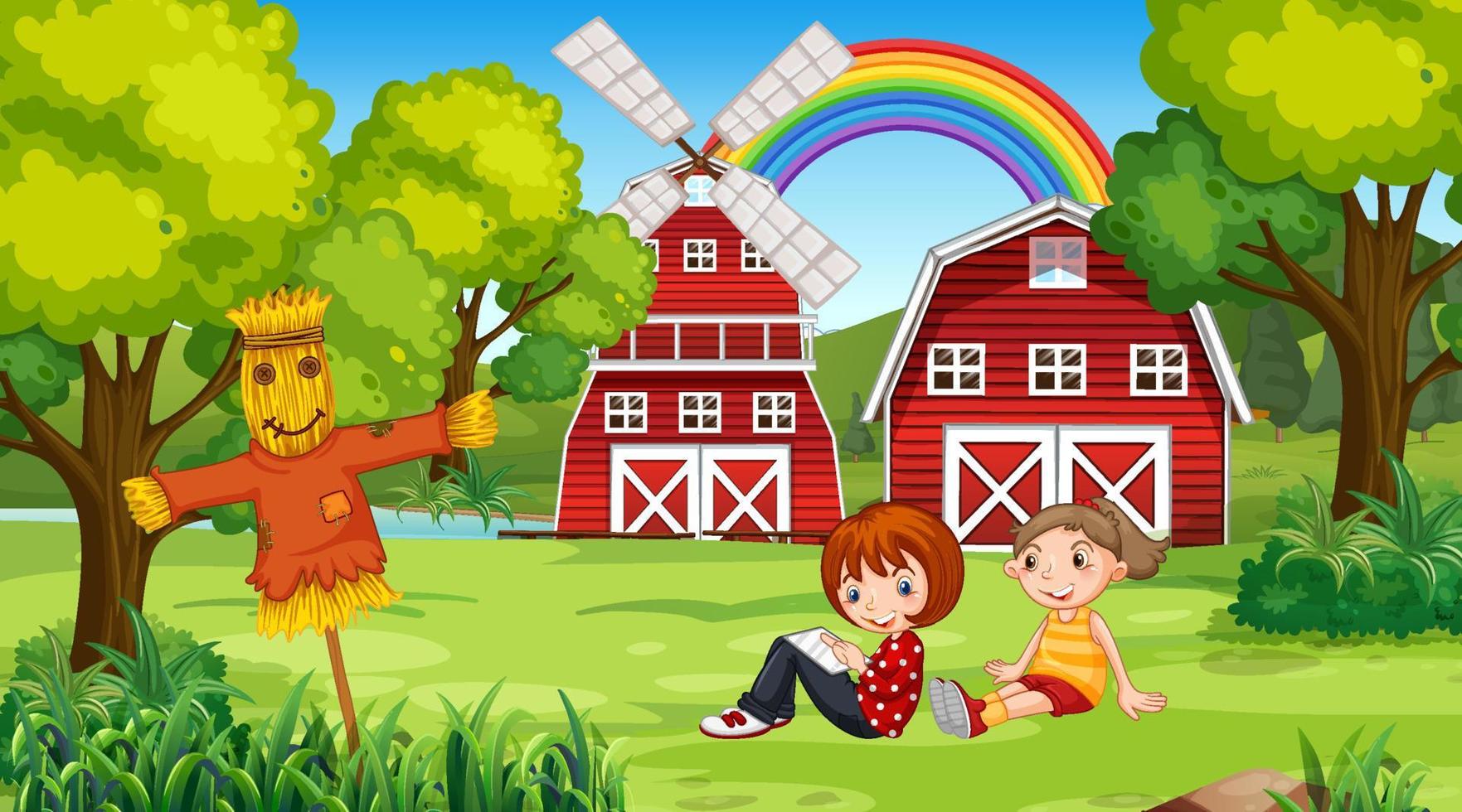 Farm scene with kids sitting in the garden vector