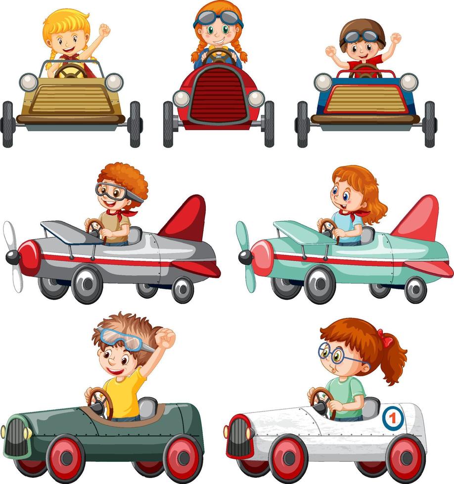 conjunto de diferentes niños en coche de juguete vector