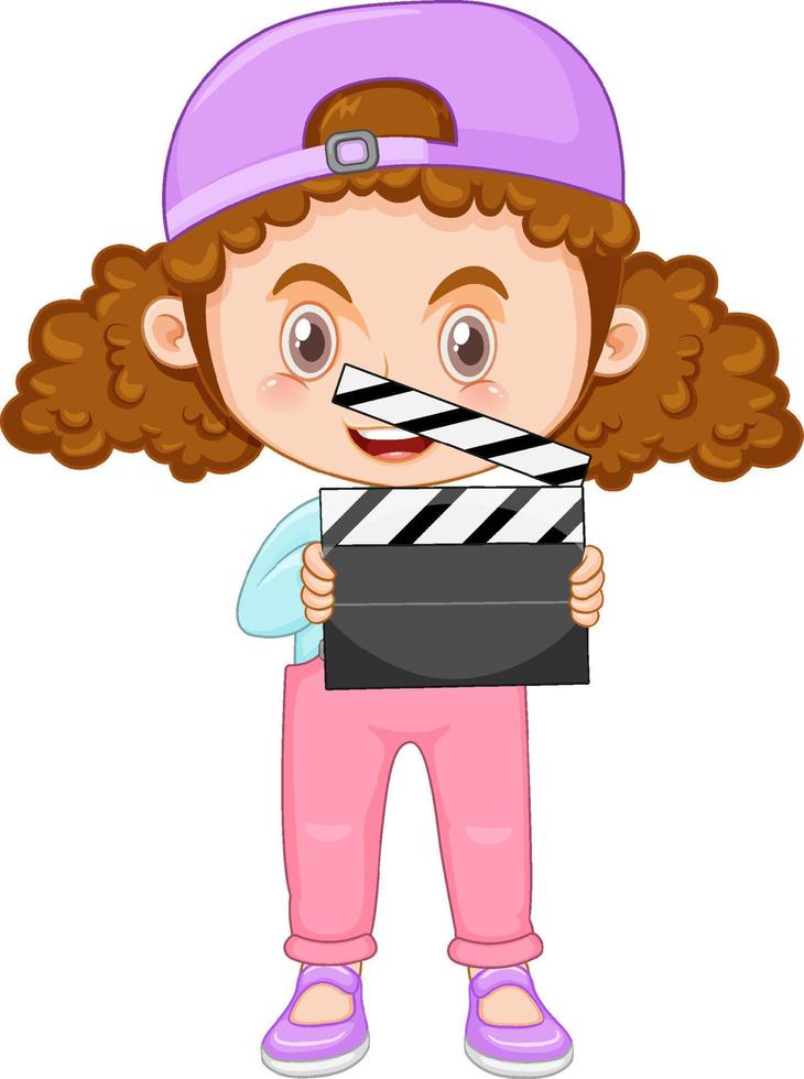 lindo personaje de dibujos animados de niña con cabello rizado coleta sosteniendo pizarra de película vector