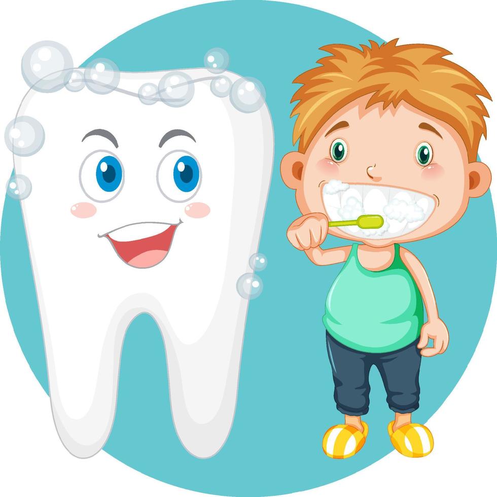 niño cepillándose los dientes junto a dientes sanos vector