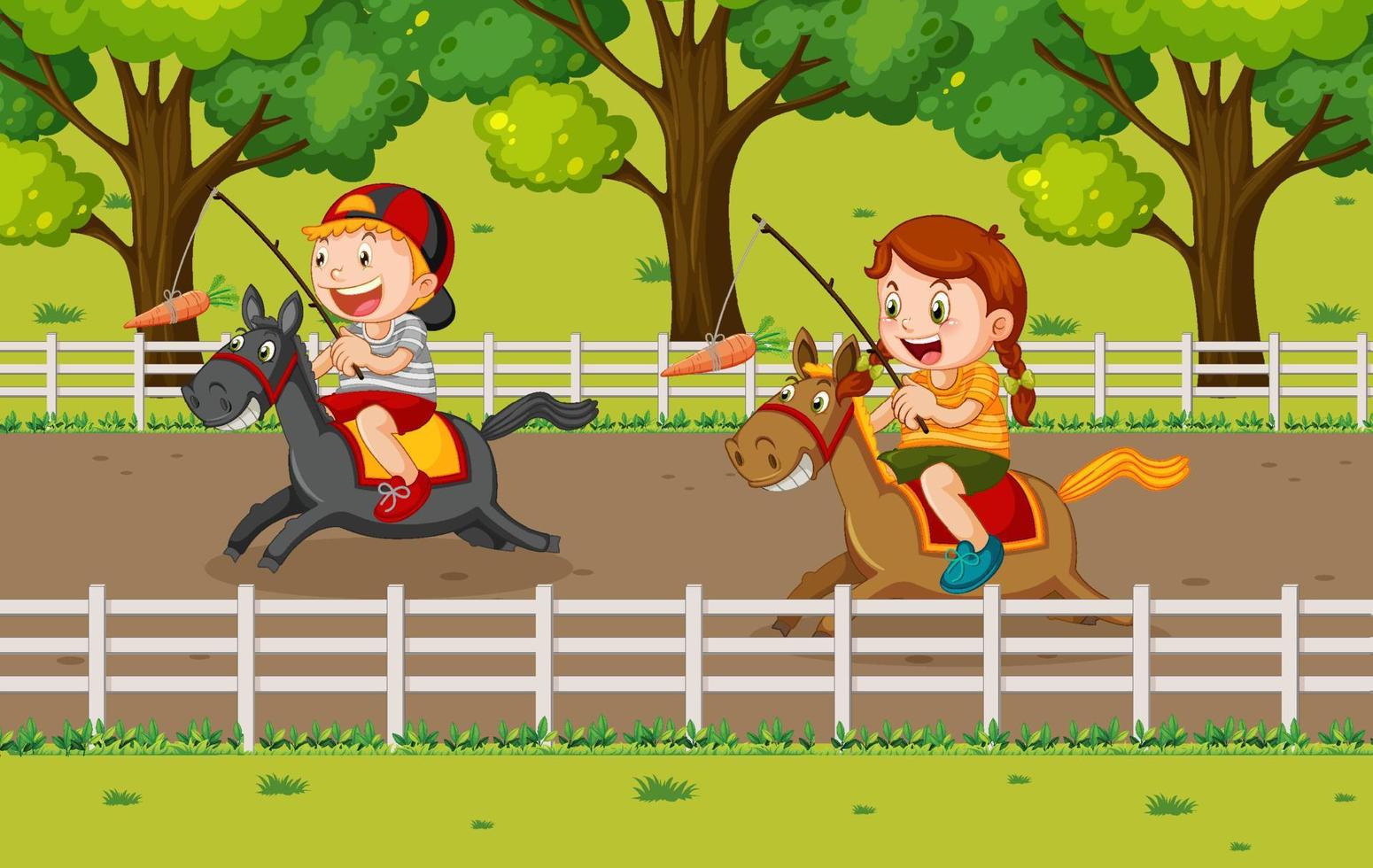 niños felices montando a caballo vector