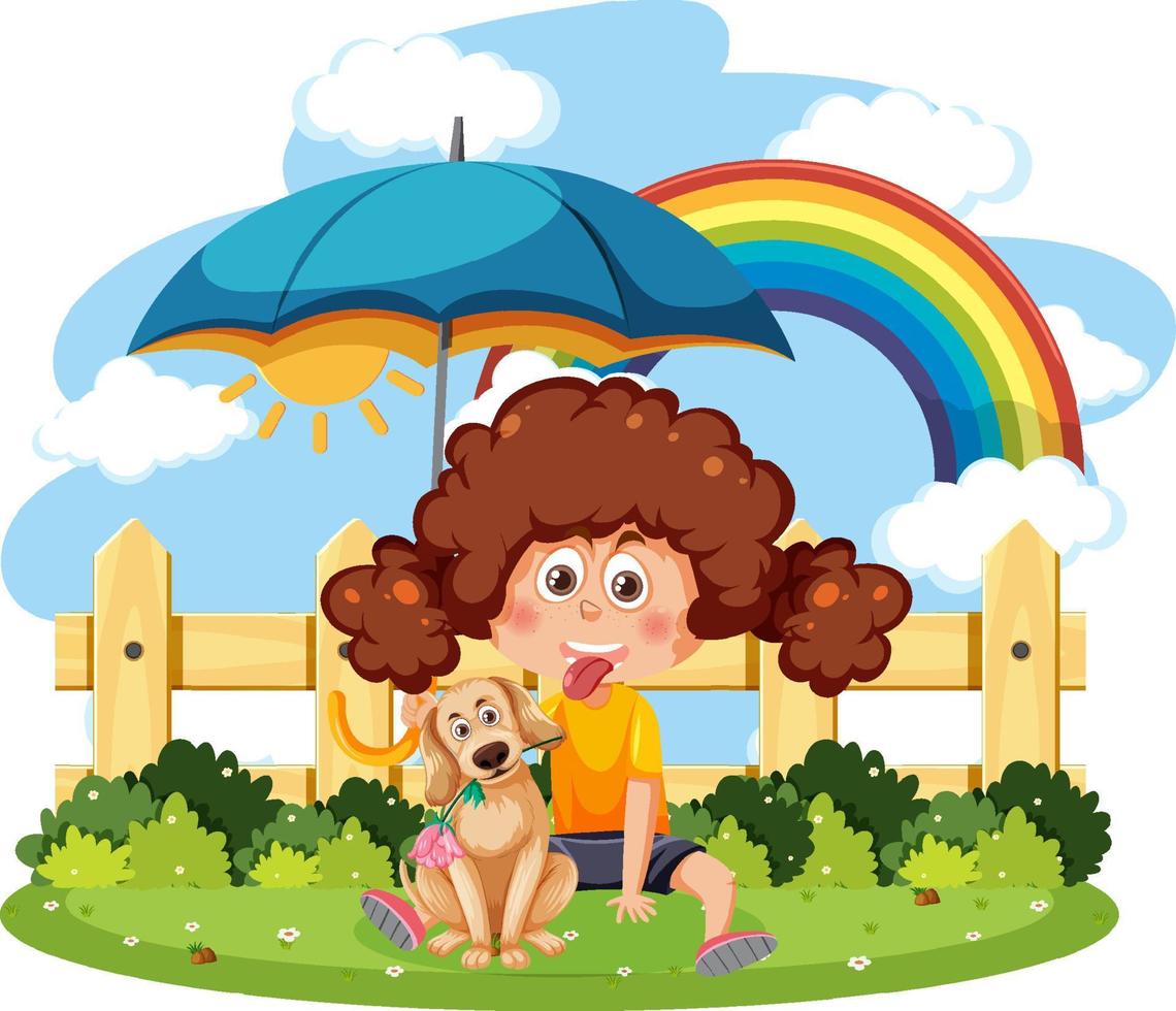 A girl holding an umbrella with a dog vector