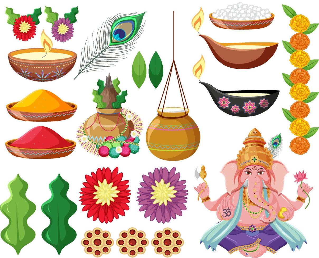 Indian god and offering elements vector