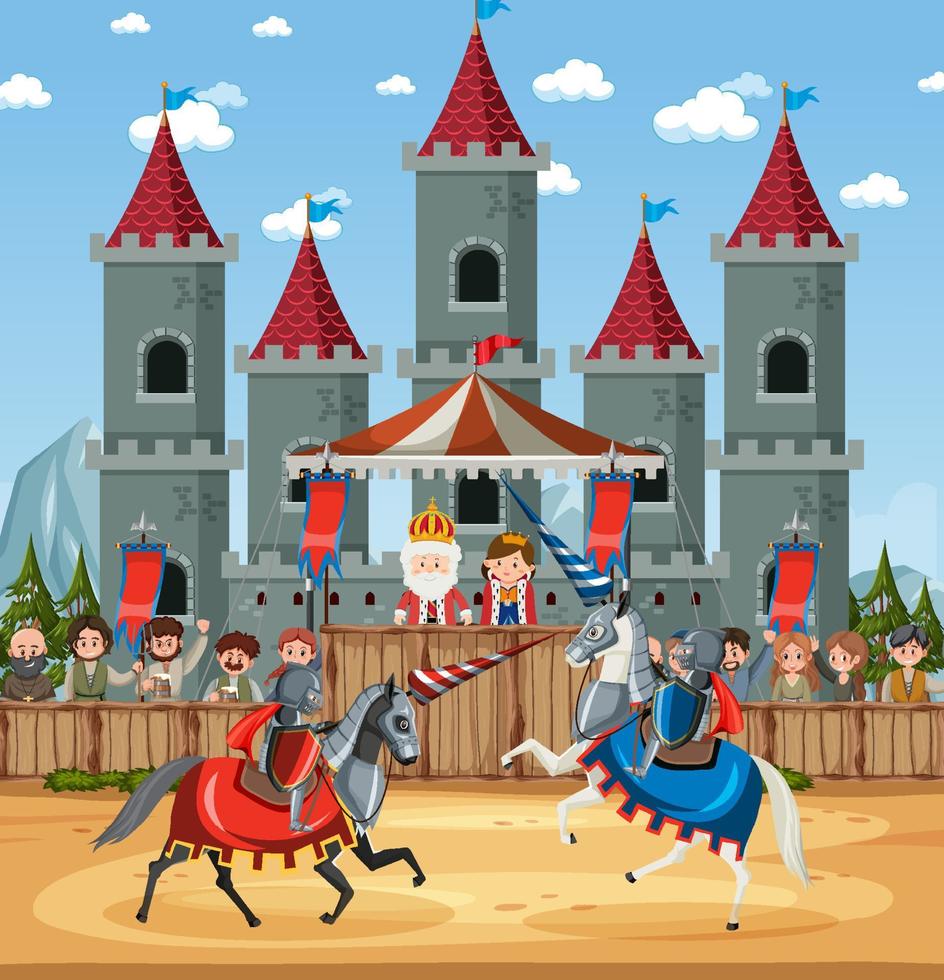 escena del torneo de justas de caballeros medievales vector