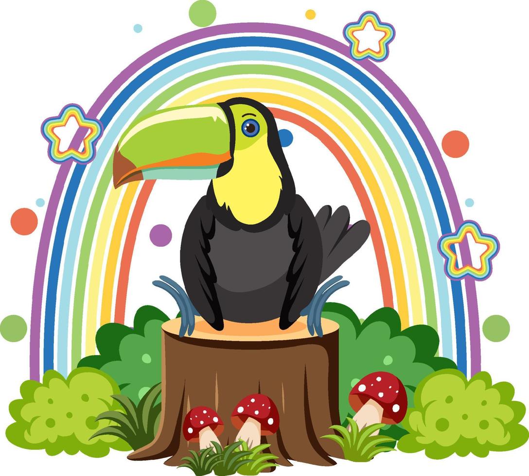Cute toucan bird on stump in flat cartoon style vector
