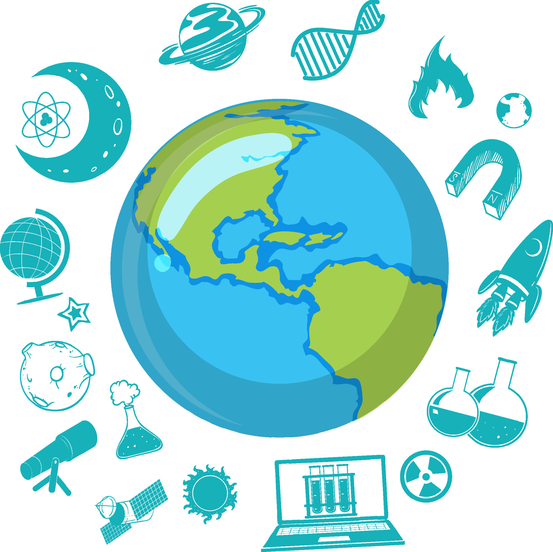 Earth planet around with science objects 9203204 Vector Art at Vecteezy