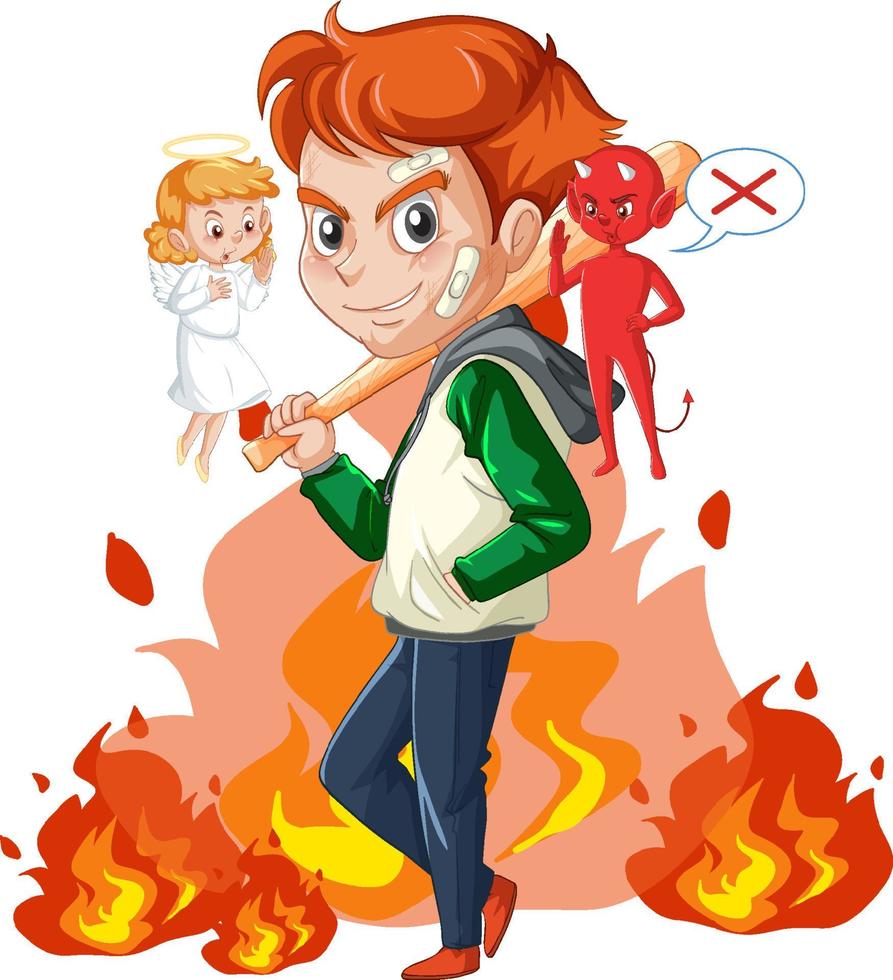 Cartoon character with devil and angel fighting in thought vector