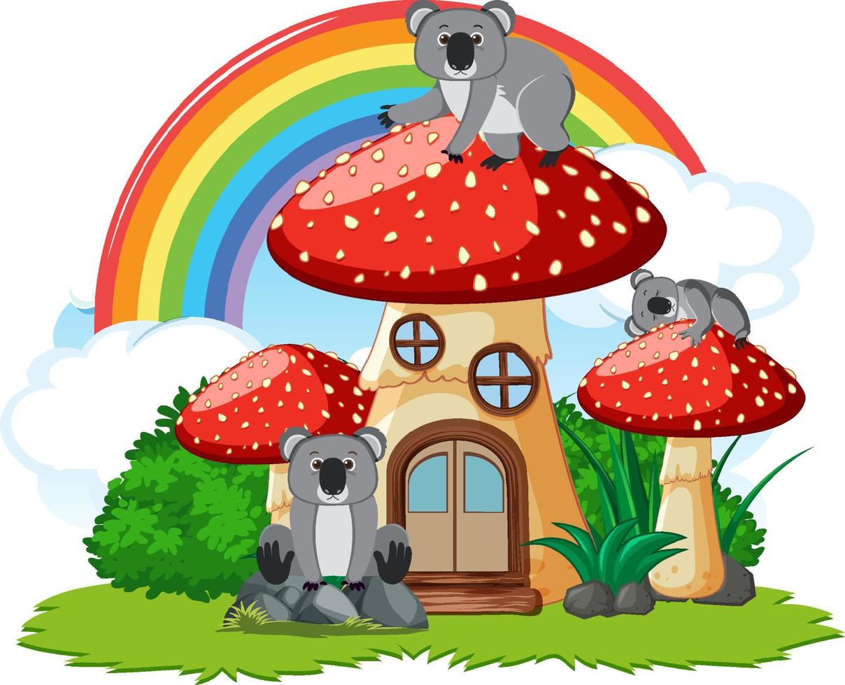 Koala group with mushroom house vector