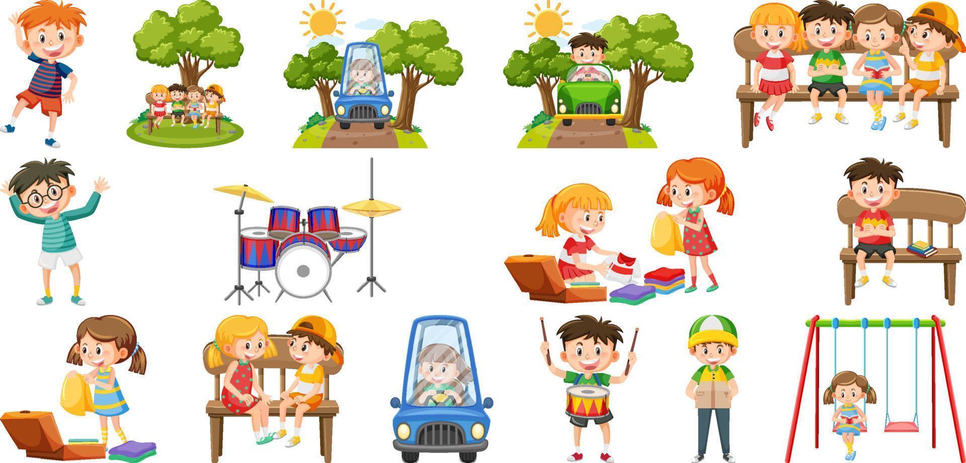 Set of cute kids and objects vector