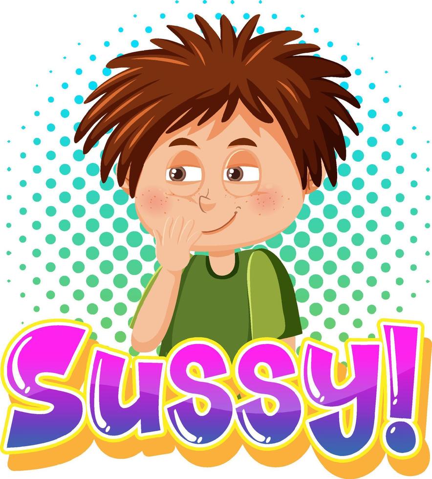 sussy texto palabra banner estilo cómico con expresión de personaje de dibujos animados vector