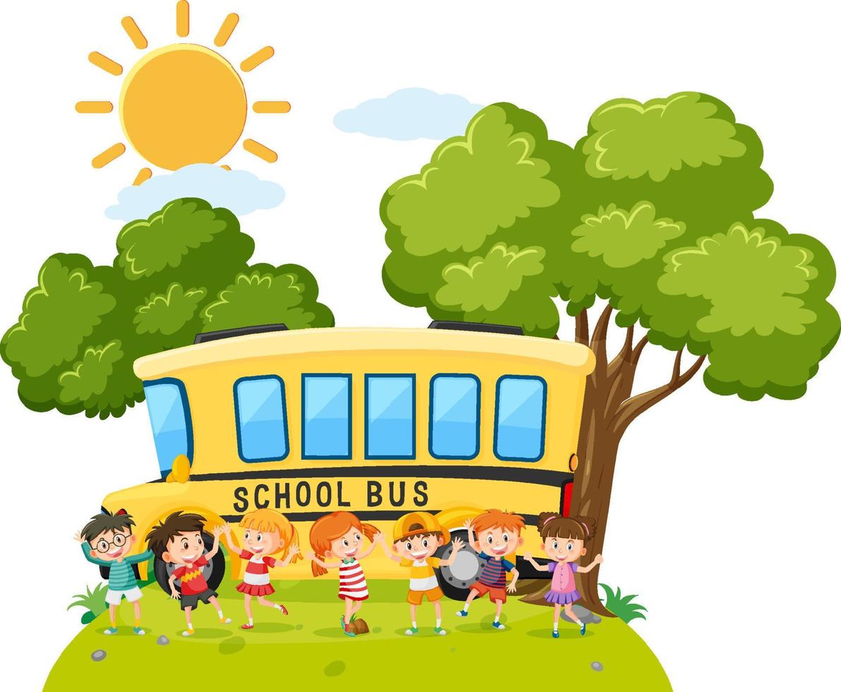 Group of happy children and school bus vector
