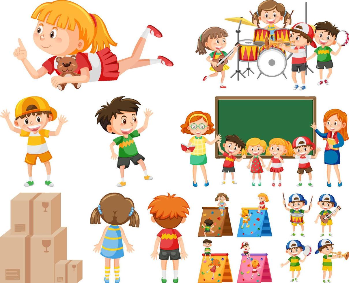 Set of different cute kids and objects vector