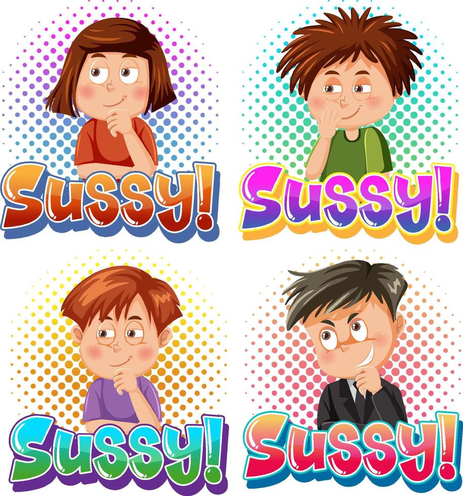 Sussy text word banner comic style with cartoon character expression vector