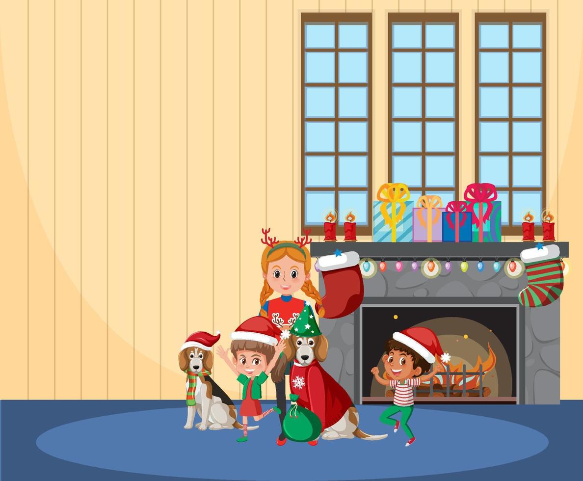 tema navideño con niños y perros junto a la chimenea vector