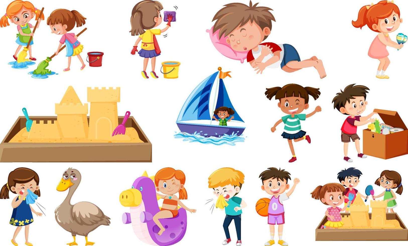 Set of different cute kids and objects vector