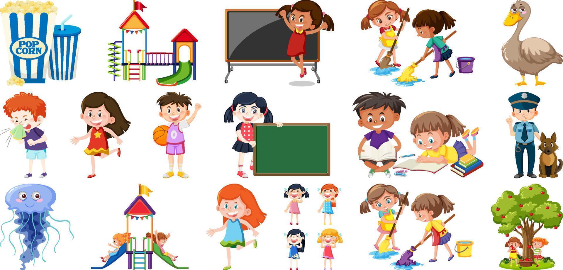 Set of different cute kids and objects vector