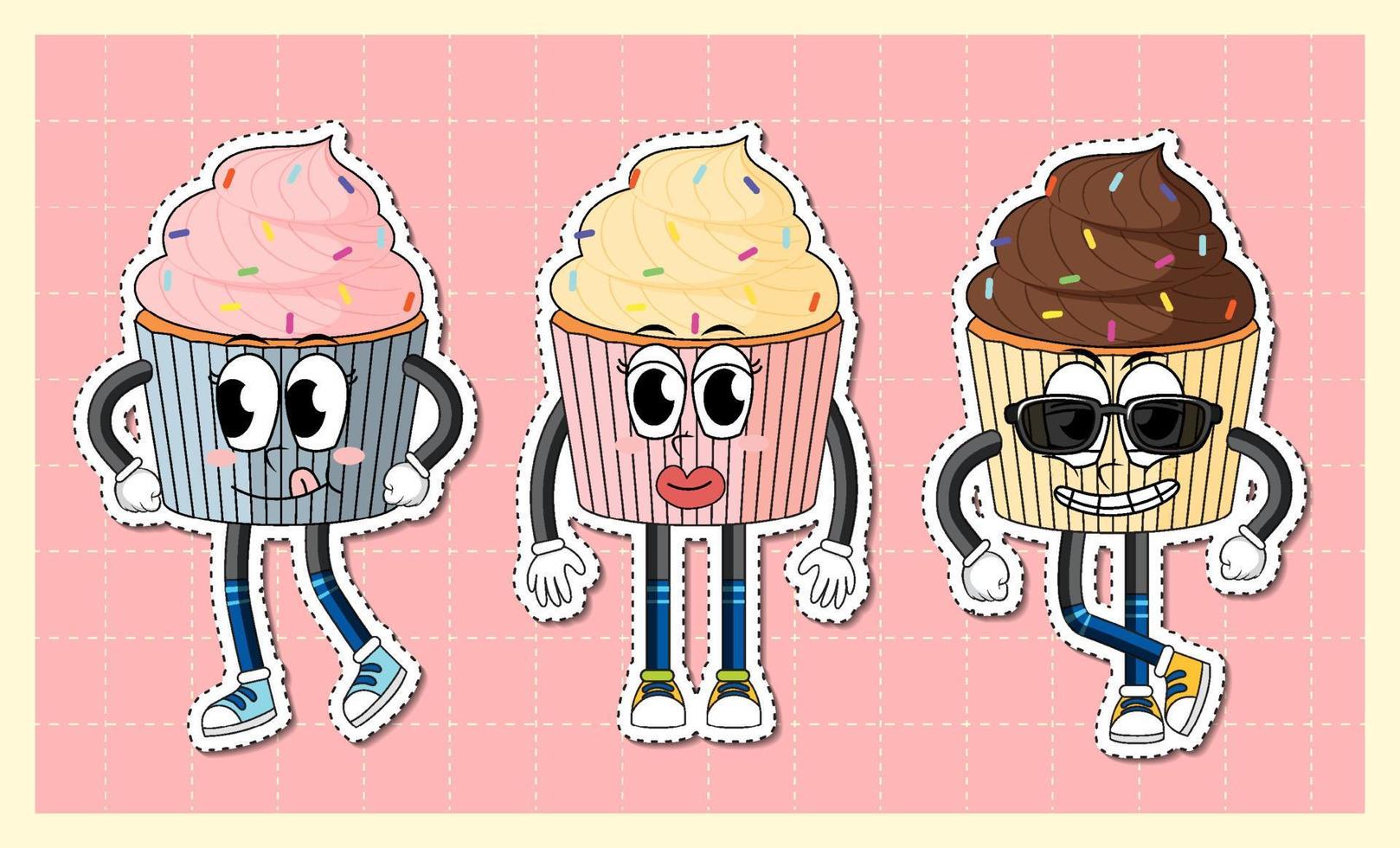 Cute cupcake cartoon character on grid background vector