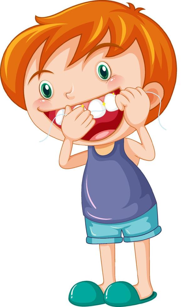 lindo niño personaje de dibujos animados usar hilo dental vector