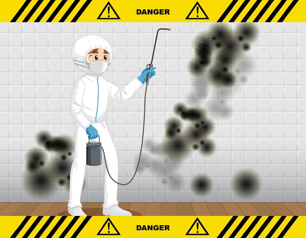hombre con traje protector de materiales peligrosos limpiando moho en la pared vector