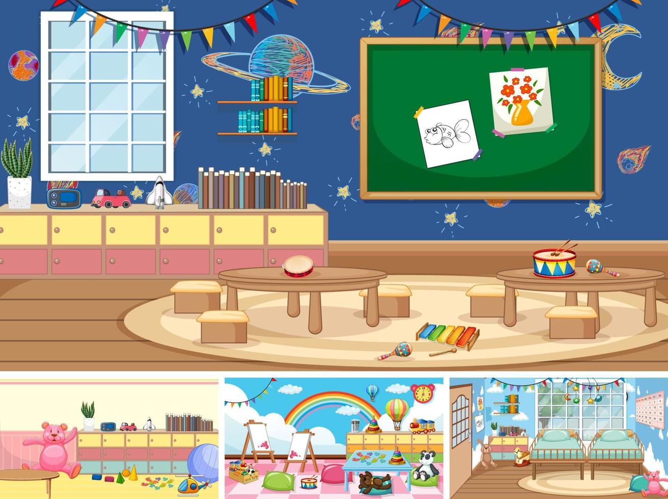 Set of different kindergarten classroom scenes vector