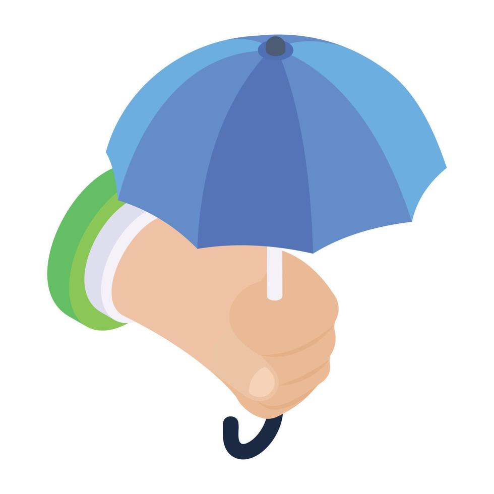 Hand holding umbrella, concept of isometric icon vector