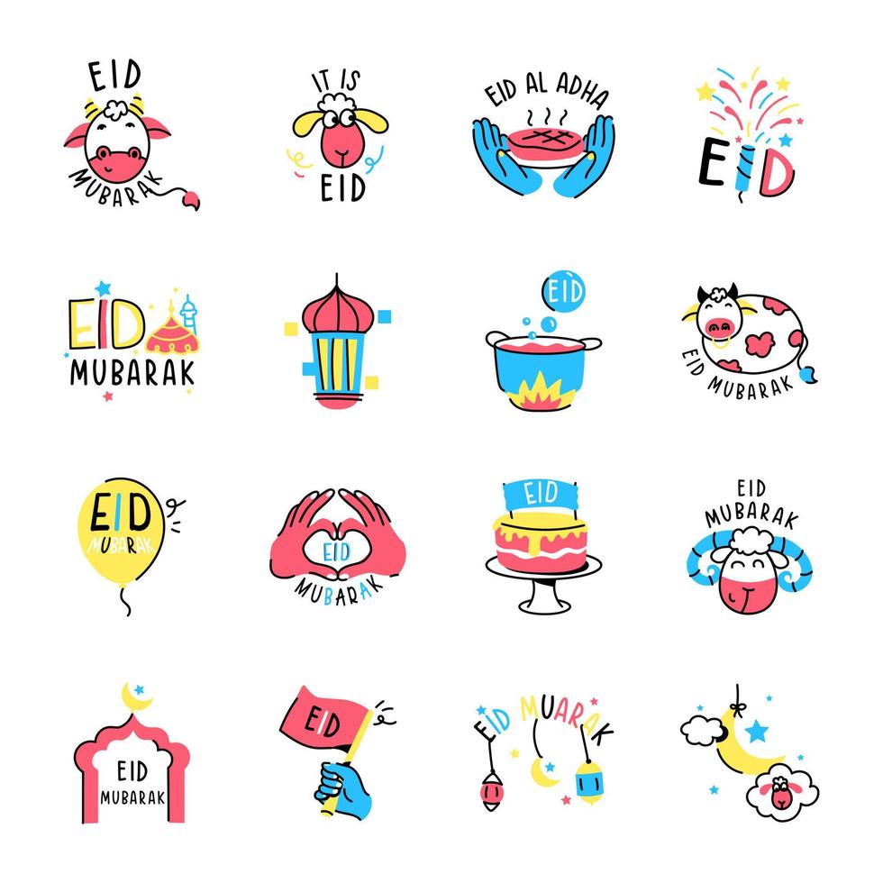 Set of Eid Wishes Doodle Icons vector