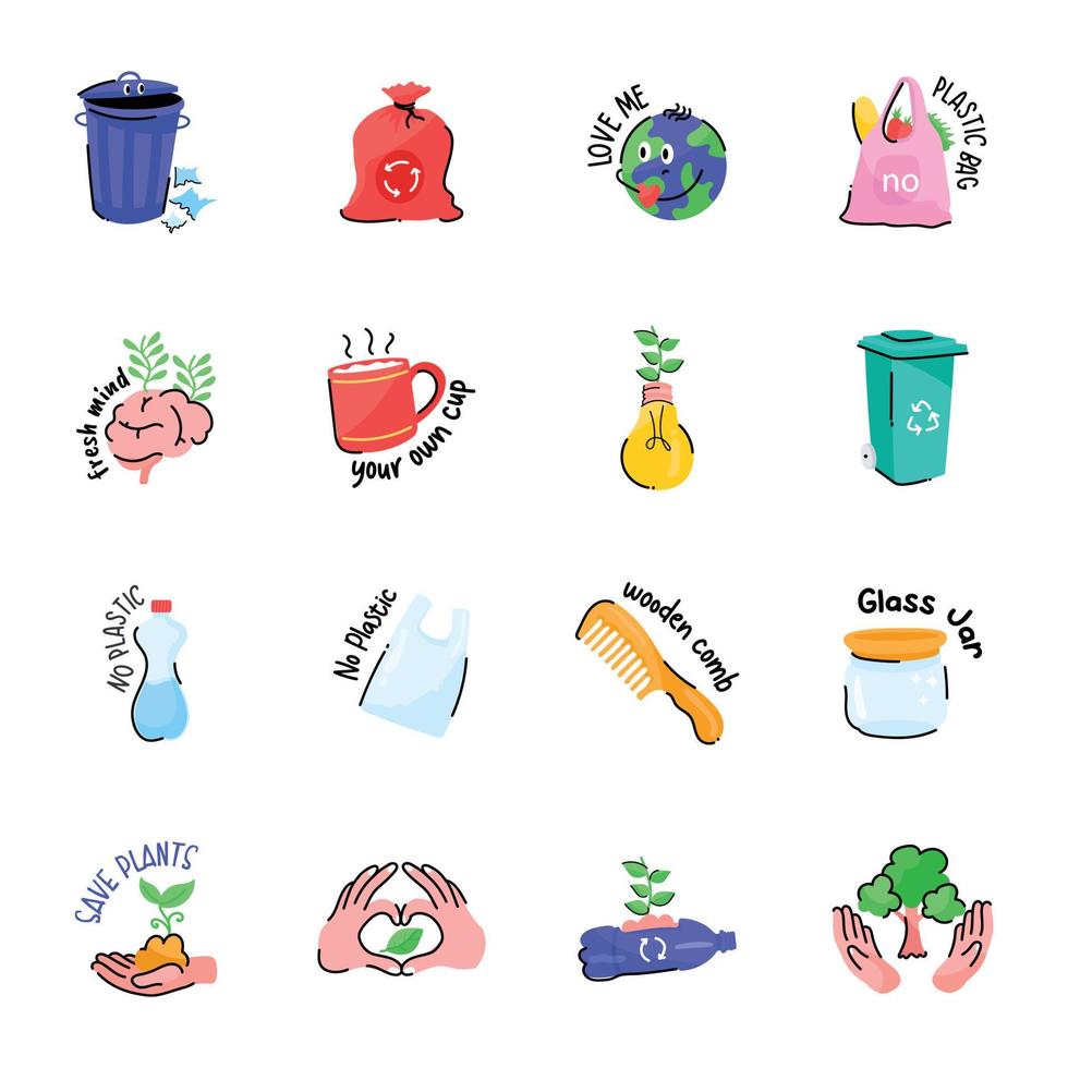 colección de pegatinas de doodle de reciclaje vector