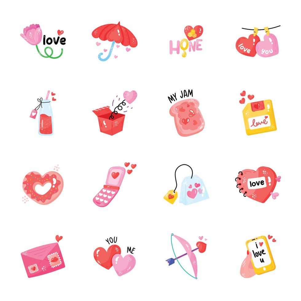 Pack of Love Elements Hand Drawn Stickers vector