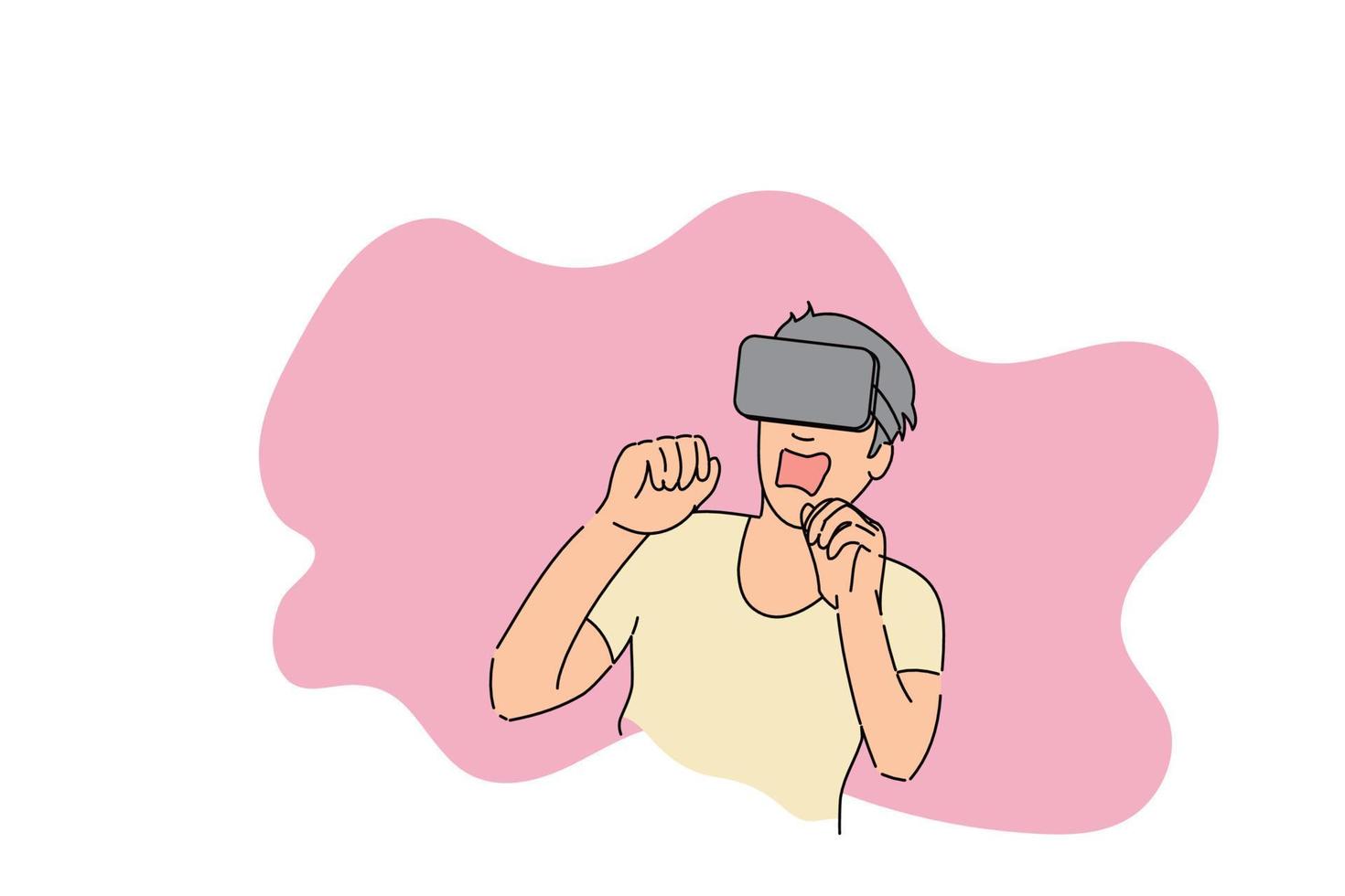 Energetic young man jumping and pointing finger on VR world. Flat design illustration vector