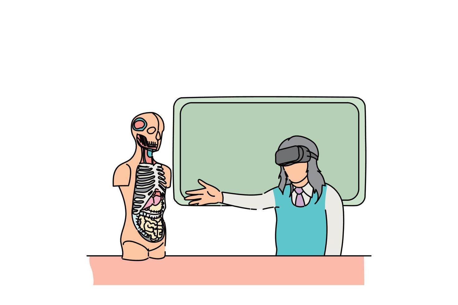 young woman examining human body with VR. biology concept. Flat vector illustration design