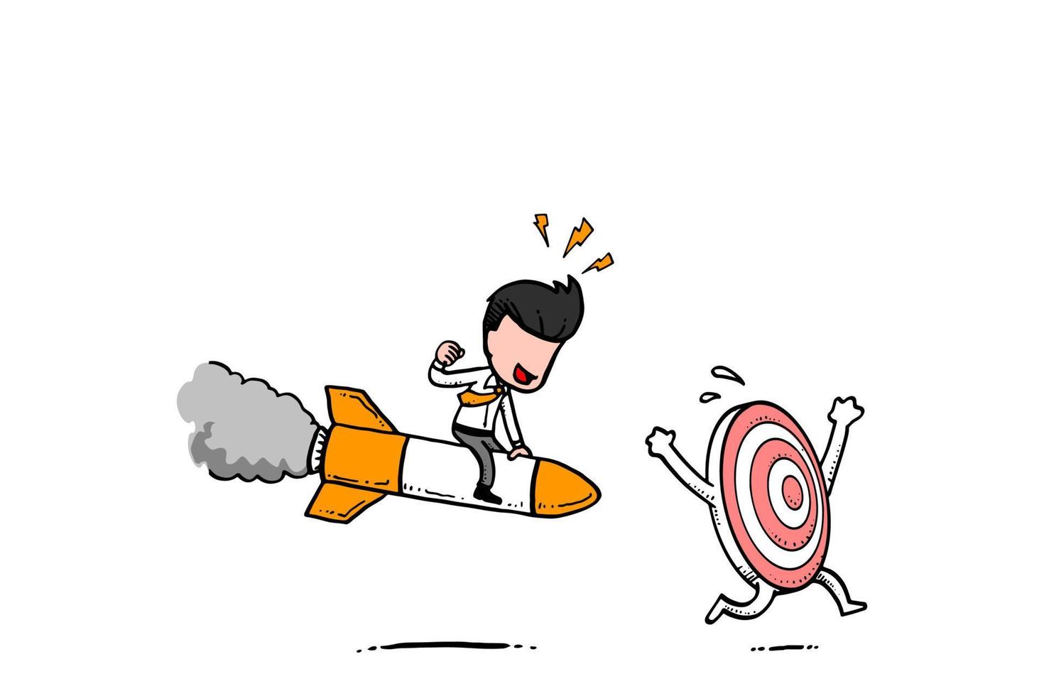 hombre de negocios montando un cohete intenta conseguir el objetivo. concepto de logro. diseño de ilustración de caricatura con fondo aislado vector