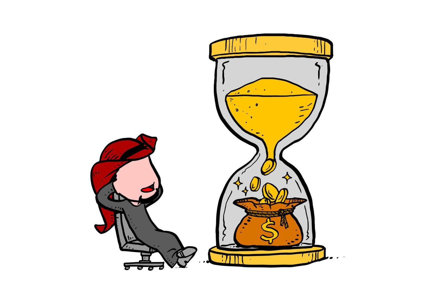 hombre de negocios árabe sentado al lado del reloj de arena. el concepto de tim es dinero. caricatura, vector, ilustración, diseño vector