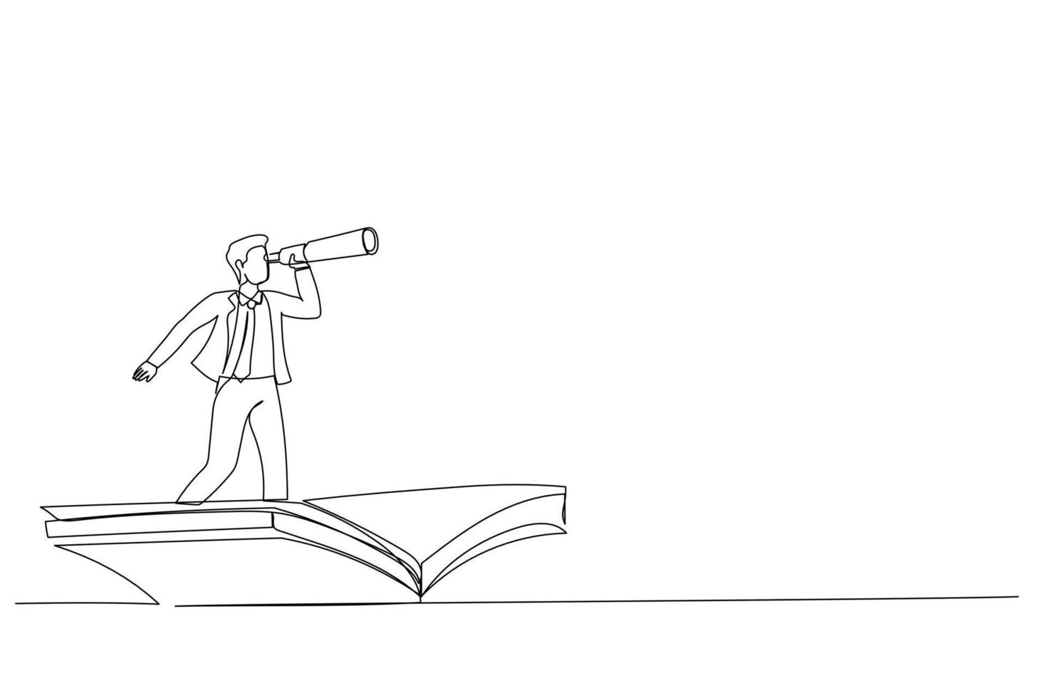 Drawing of businessman using telescope on flying book. Knowledge, references, opportunity, vision in business. Single line art style vector