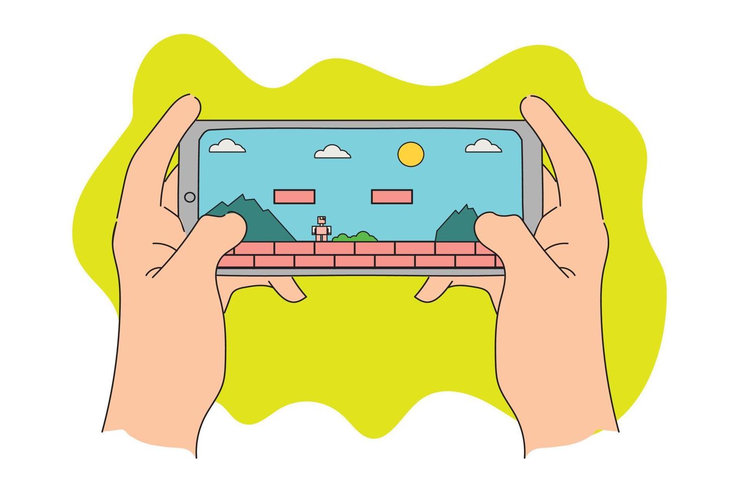 Hand holding a mobile phone family friendly arcade adventure game. Flat design vector