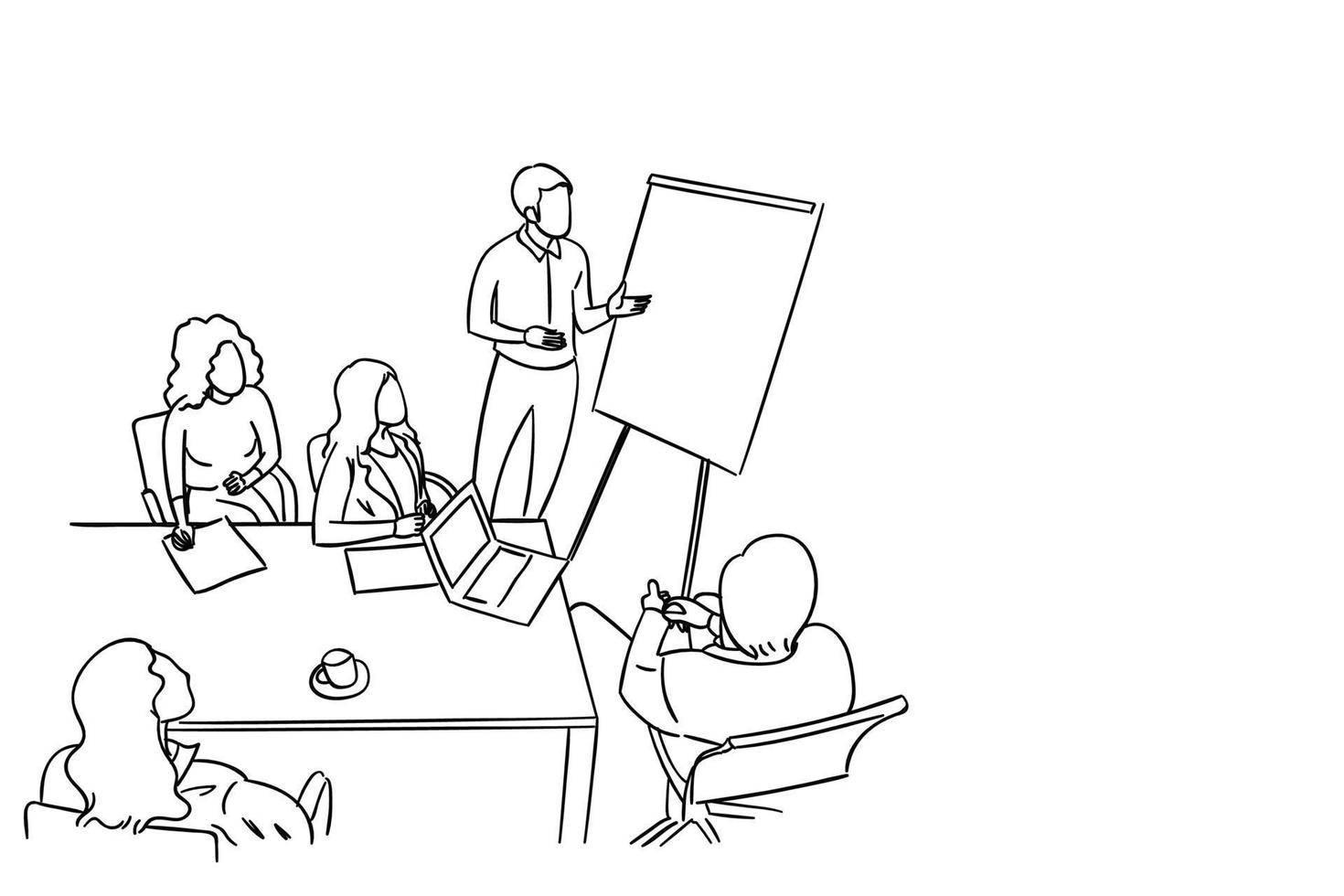 Concept of business presentation. Meeting in the office. cartoon line art illustration. vector