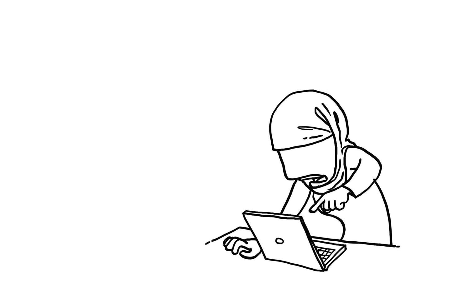 Angry muslim woman pointing finger to laptop monitor. Concept of work stress. Cartoon vector illustration design.