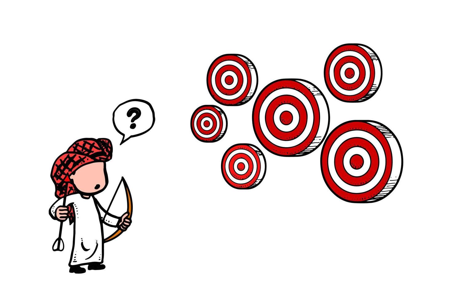 Arab businessman confuse with multiple target. Can not decide which target to shoot at. Cartoon vector illustration design