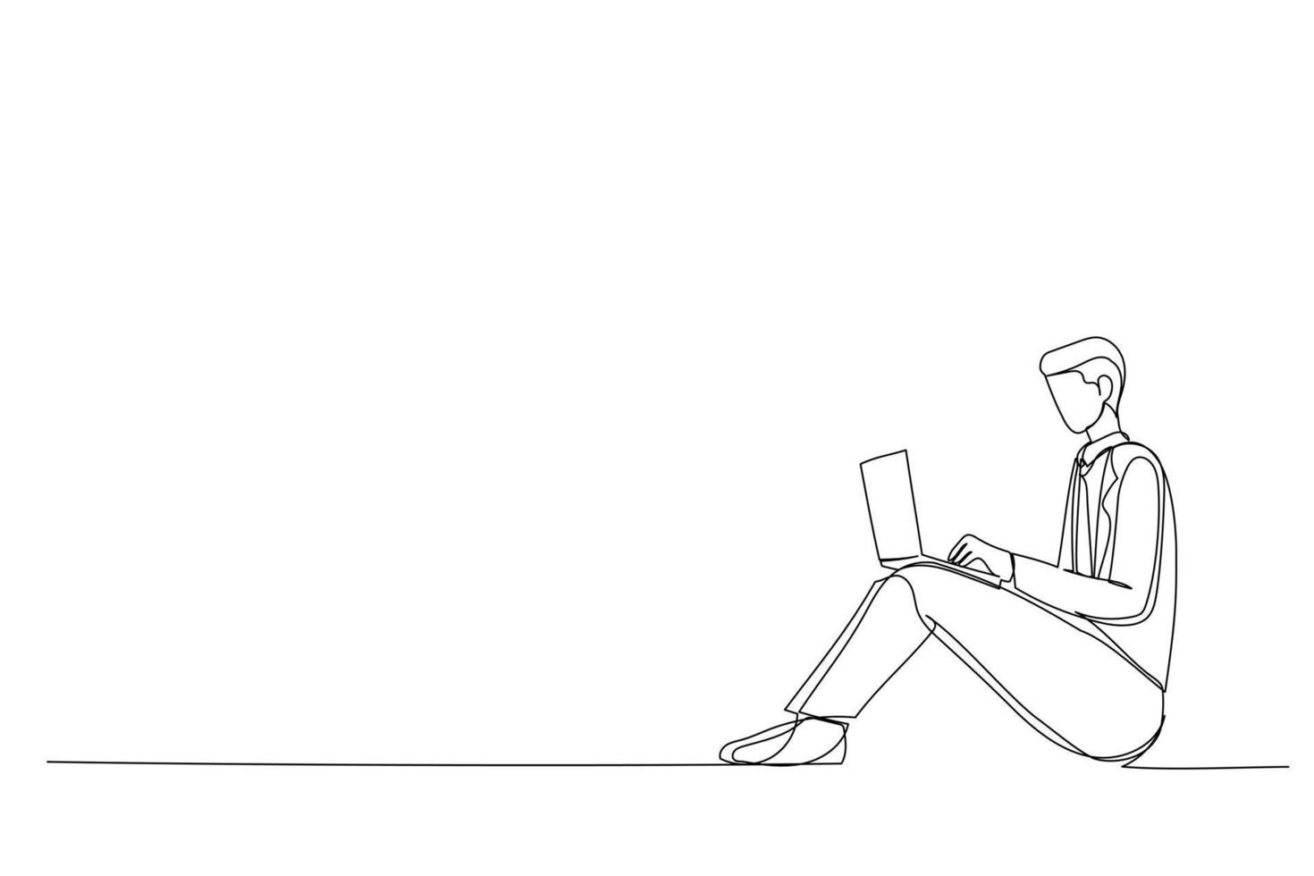 Single line drawing of young man sitting computing computer laptop in isolated white background vector