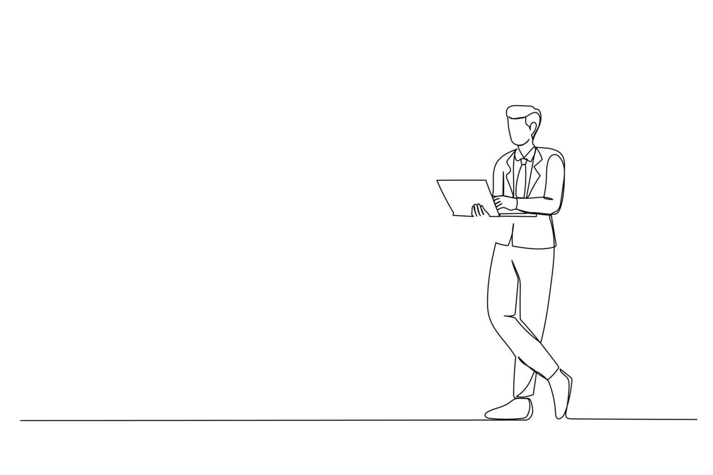 Continuous line sketch of focused serious intelligent manager standing with confidence and crossed legs vector