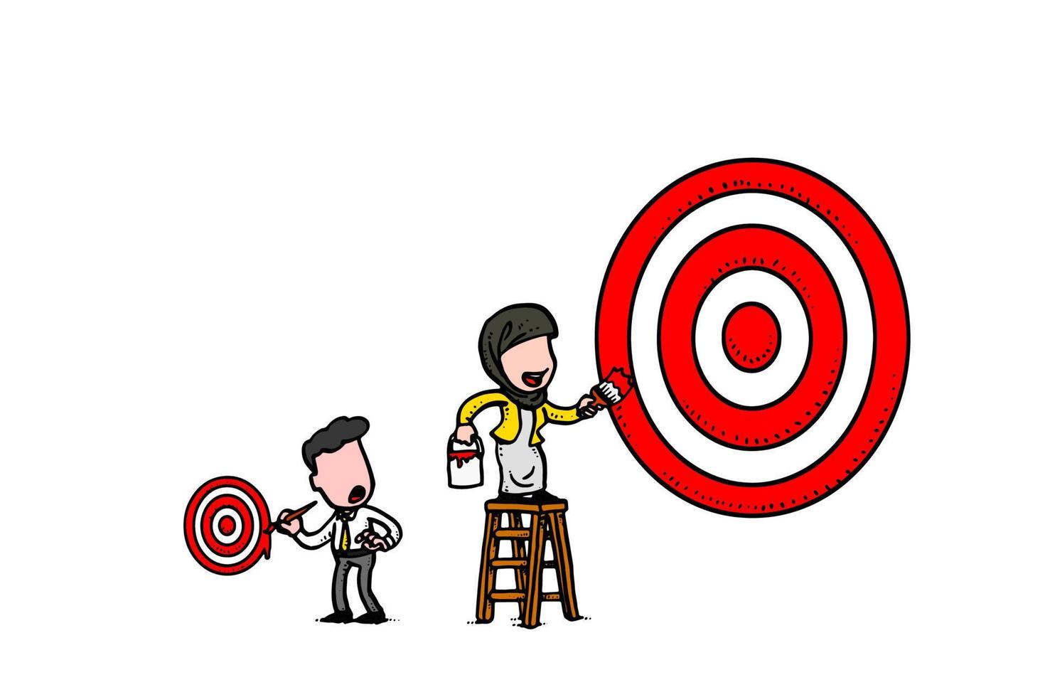 Muslim woman on ladder have bigger vision than fellow businessman. Goal setting concept. Hand drawn vector illustration design on isolated white background