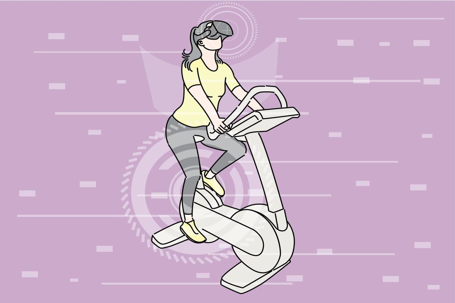 mujer joven montando bicicleta estática mientras usa realidad virtual. ilustración de diseño plano vector