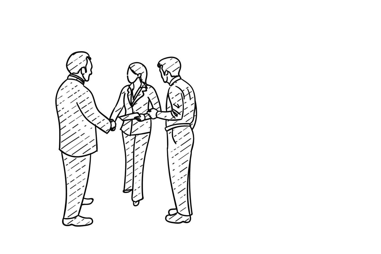 Sucessful business woman greet her new partner. Handshake concept. Hand drawn vector illustration design