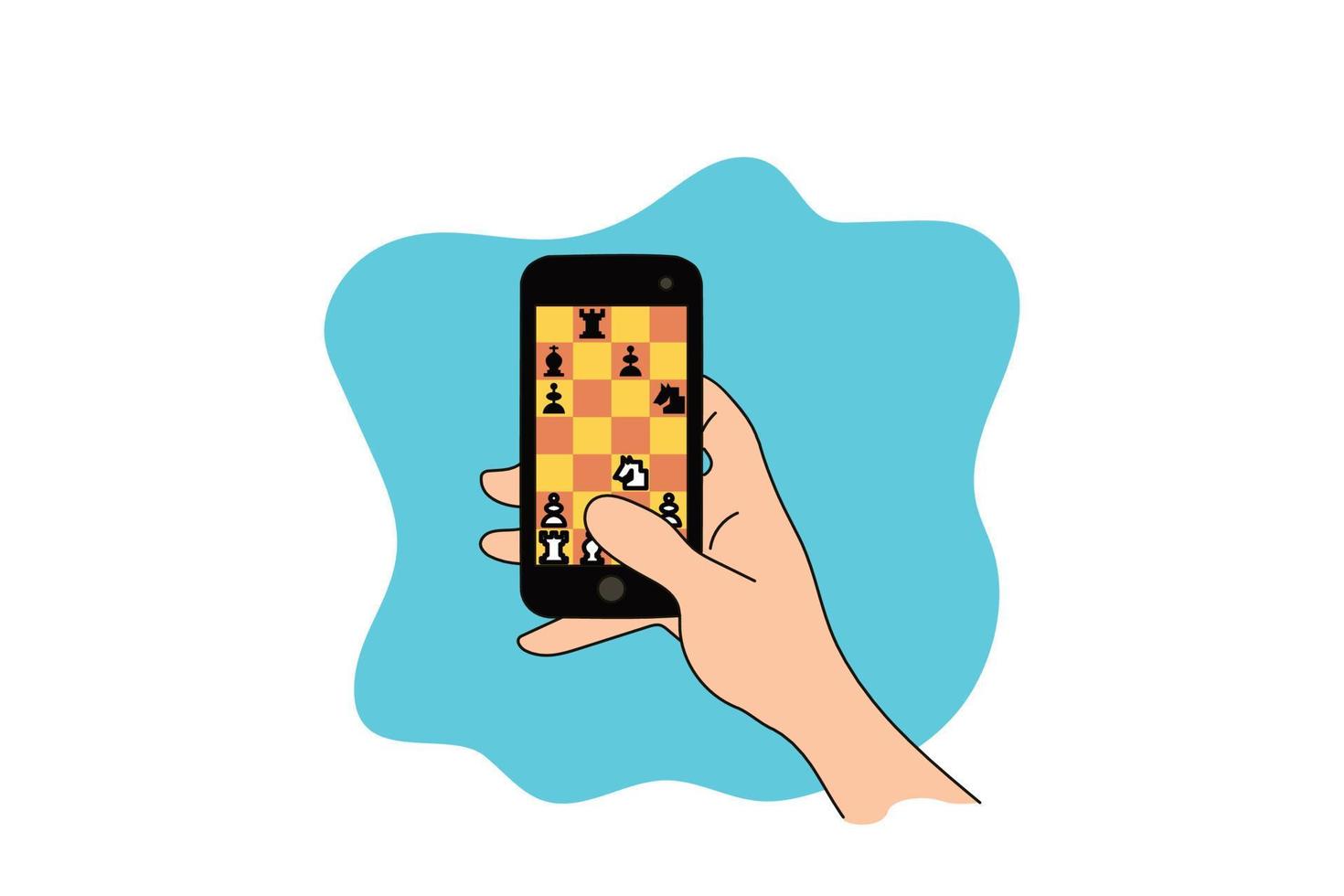 mano sosteniendo un gadget jugando un juego de ajedrez estratégico. diseño plano vector